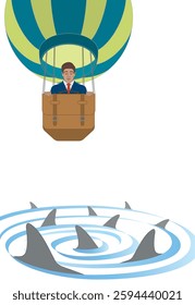 business man floating in a hot air balloon looking down on shark infested swirling water, isolated on a white background