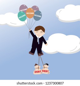 Business Man Floating Up Sky With Income Balloons But Also Debt Sacks On His Leg (vector)