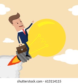 business man fly by light bulb. vector illustration