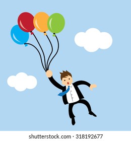 Business man flying with balloons - cartoon