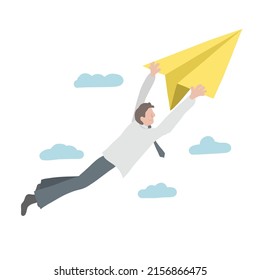 Business man flying by paper airplane vector illustration, Business concept