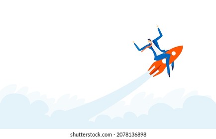 Business man flying fast with the rocket. Illustration with space for text