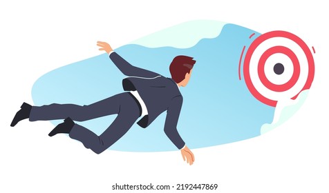 Business man flying up to goal target achieving success. Businessman person cartoon character determination, opportunity. Career achievement, targeting strategy concept flat vector illustration