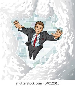 Business man flying high into clouds.  Can be used to show top performance or anything.