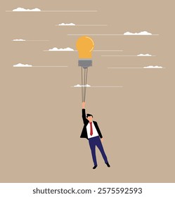 Business Man Flying into Sky on Light Bulb. Work and ideas, success and motivation concept vector art