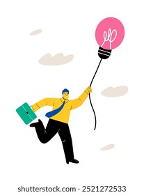 Homem de negócios voando com uma lâmpada. Novo conceito de ideia de lâmpada. Ilustração de vetor plano isolada no plano de fundo branco
