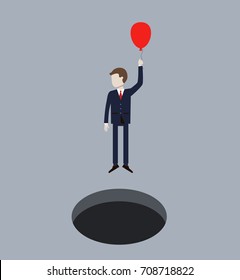 Business Man Flying On Air Balloon from Hole. Concept of business success. Vector illustration flat design