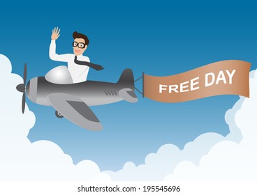 business man flying on airplane with banner in blue sky and clouds, vector.