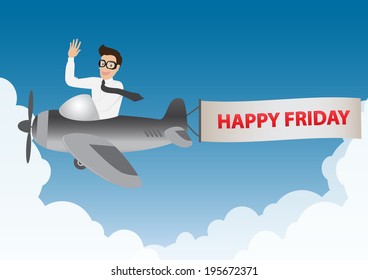 business man flying on airplane with banner happy Friday in blue sky and clouds, vector.