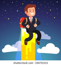 Business Man Flying On A Jetpack Fire Propulsion Engine Above The Sky Towards Stars. Flat Style Vector Illustration Isolated On White Background.