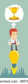 Business man flying on a light bulb, think about the golden prize for the championship cup, vector illustration