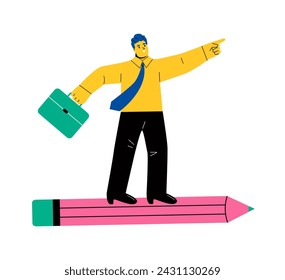 Business man flying on pencil to working success. Flat vector illustration isolated on white background 
