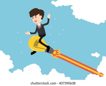business man flying with powerful ideas on bluesky