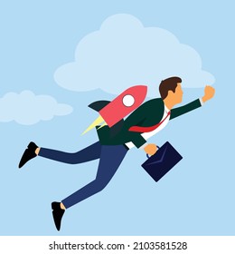 Hombre de negocios volando con mochila de cohetes, concepto de negocio de inicio.