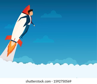 Business man flying with rocket launch start up concept idea.