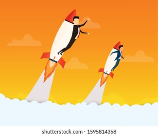 Business man flying with rocket launch start up concept idea.