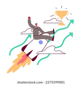 Business man is flying up in a rocket in pursuit of a reward