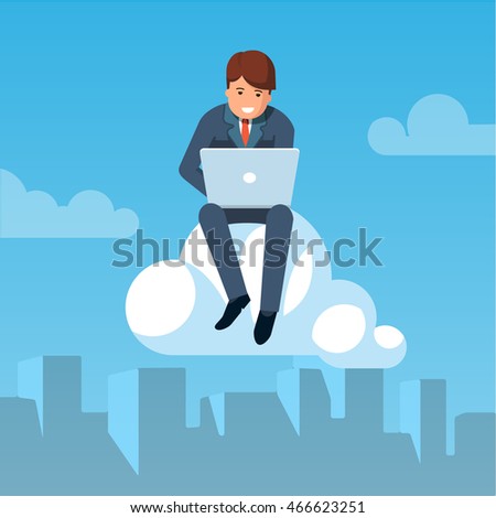 Business man flying in the sky above city downtown sitting on a cloud and working on laptop. Cloud computing concept. Modern flat style vector illustration isolated on sky background.