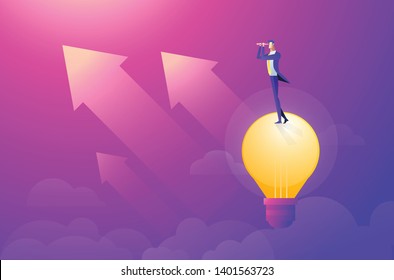 business man flying in the sky on hot air balloon and planning ahead. Looking through spyglass.Idea concept. Flat style vector illustration.