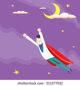 business man flying in sky. vector illustration. Businessman is superhero