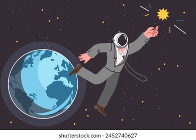 Business man is flying in space trying to touch sun with hand, going on tourist flight into orbit. Guy from private space company participates in scientific research mission in galaxy
