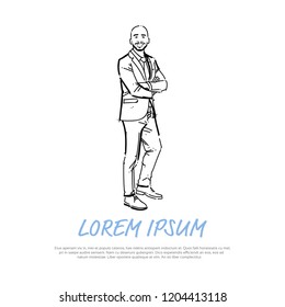 business man folded hands concept businessman full length on white background hand draw silhouette sketch vector illustration