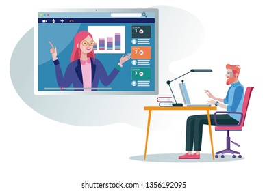 A business Man following an online education and e-learning course through his laptop computer with a online professional teacher. Flat design illustration.