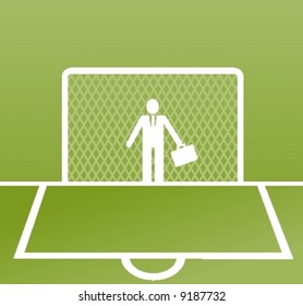 Business man in a football goal.