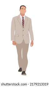 Business Man In Formal Beige Suit. Vector Cartoon Style Male Character Isolated On White. Realistic People Illustration.