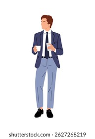 Business man in formal blue suit and tie standing full length, holding cup of coffee and smartphone. Handsome male character flat vector colorful illustration isolated on white background