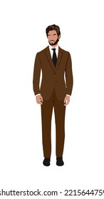 Business Man In Formal Brown Suit. Vector Cartoon Style Male Character Isolated On White. Realistic People Illustration.