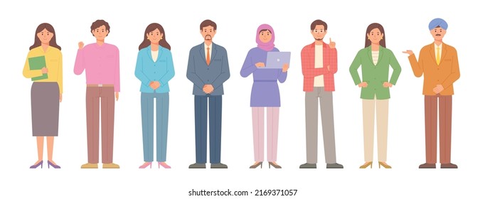 A Business Man In A Formal Style Is Standing And Making Various Gestures. There Is A Man In A Turban And A Woman In A Hijab. Flat Design Style Vector Illustration.