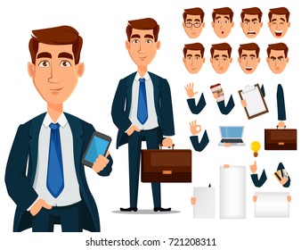 Business man in formal suit, cartoon character creation set. Young handsome smiling businessman in office style clothes. Build your personal design - stock vector