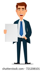 Business man in formal suit holding blank placard, cartoon character. Young handsome laughing businessman in office style clothes. Vector illustration