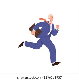 Business man in formal suit with necktie holding briefcase and running fast isolated on white