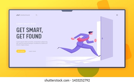 Business Man in Formal Suit Running into Open Door Entrance or Run Out of Exit, Businessman New Opportunity, Escape, Challenge, Website Landing Page, Web Page. Cartoon Flat Vector Illustration, Banner