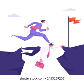 Business Man in Formal Suit Running over Head of Colleague, Careerist Businessman Goal Achievement, Opportunity, Success, Career Growth, Strongest will Survive Concept Cartoon Flat Vector Illustration