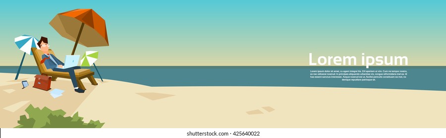 Business Man Freelance Remote Working Place On Sunbed Businessman In Suit Using Laptop Beach Summer Vacation Tropical Island Flat Vector Illustration