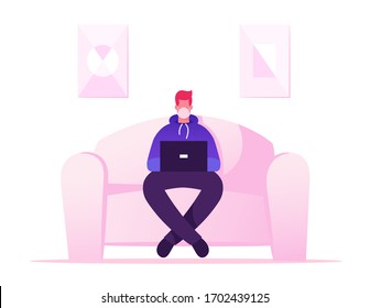 Business Man or Freelancer Character Wear Medical Mask Sitting at Comfortable Couch Work from Home, Creative Office or Coworking Center during Quarantine Covid19 Isolation. Cartoon Vector Illustration