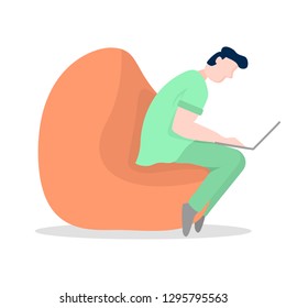 Business man. Freelancer guy on a bean bag chair. Flat vector illustration on white background. Home workplace. Job online. Internet. Young man working on laptop computer. Flat cartoon. - Vector