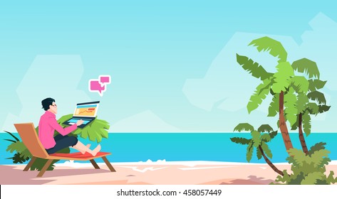 Business Man Freelancer Remotely Working On Sunbed, man Using Laptop on a Beach during Summer Vacation on Tropical Island, Flat Vector Illustration