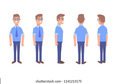 Business man. Front, side, back view animated male character. Cartoon flat vector illustration.