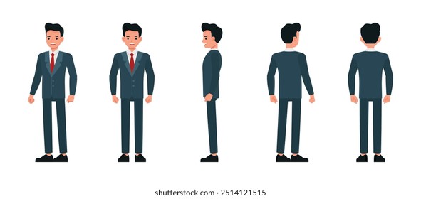 El hombre de negocios frente, lado y parte posterior lleva un conjunto de diseño de Ilustración vectorial de personajes de traje azul. Presentación en diversas acciones.