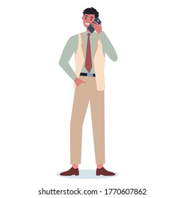 Business man with gadget. Male character in suit holding smartphone. Internet and network in device. Isolated flat vector illustration