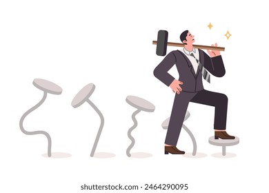 Business man gains professional skills through perseverance, holding sledgehammer standing on nails. Repeated attempts to achieve results helped guy become expert and acquire necessary skills