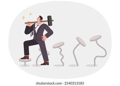 Business man gains professional skills through perseverance, holding sledgehammer standing on nails. Repeated attempts to achieve results helped guy become expert and acquire necessary skills