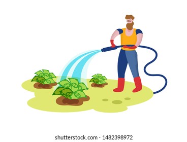 Business Man Gardener Character Watering Garden Bed With Dollar Bills Isolated On White Background, Farmer Growing, Planting, Caring Of Money Plants On Farm Or Ranch Cartoon Flat Vector Illustration