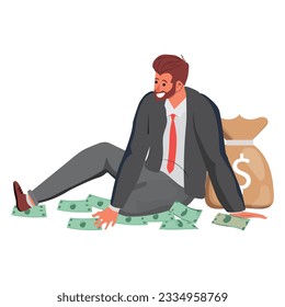 Business man gathering dollar banknotes to a money sack. Sitting businessman collecting cash from the floor. Wealth accumulation concept. Flat style vector illustration isolated on white background.