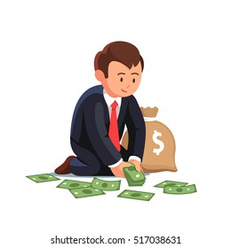 Business Man Gathering Dollar Banknotes To A Money Sack. Sitting Businessman Collecting Cash From The Floor. Wealth Accumulation Concept. Flat Style Vector Illustration Isolated On White Background.