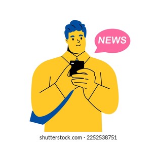 Business man gathering news  scrolling newsfeed on smartphone. Flat vector illustration isolated on white background
